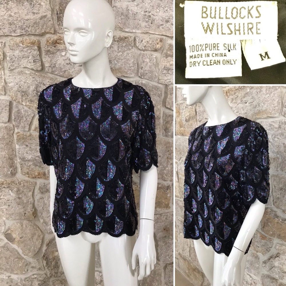 Gorgeous Vintage 1980s Bullocks Wilshire Black Sequin Top Short Sleeves